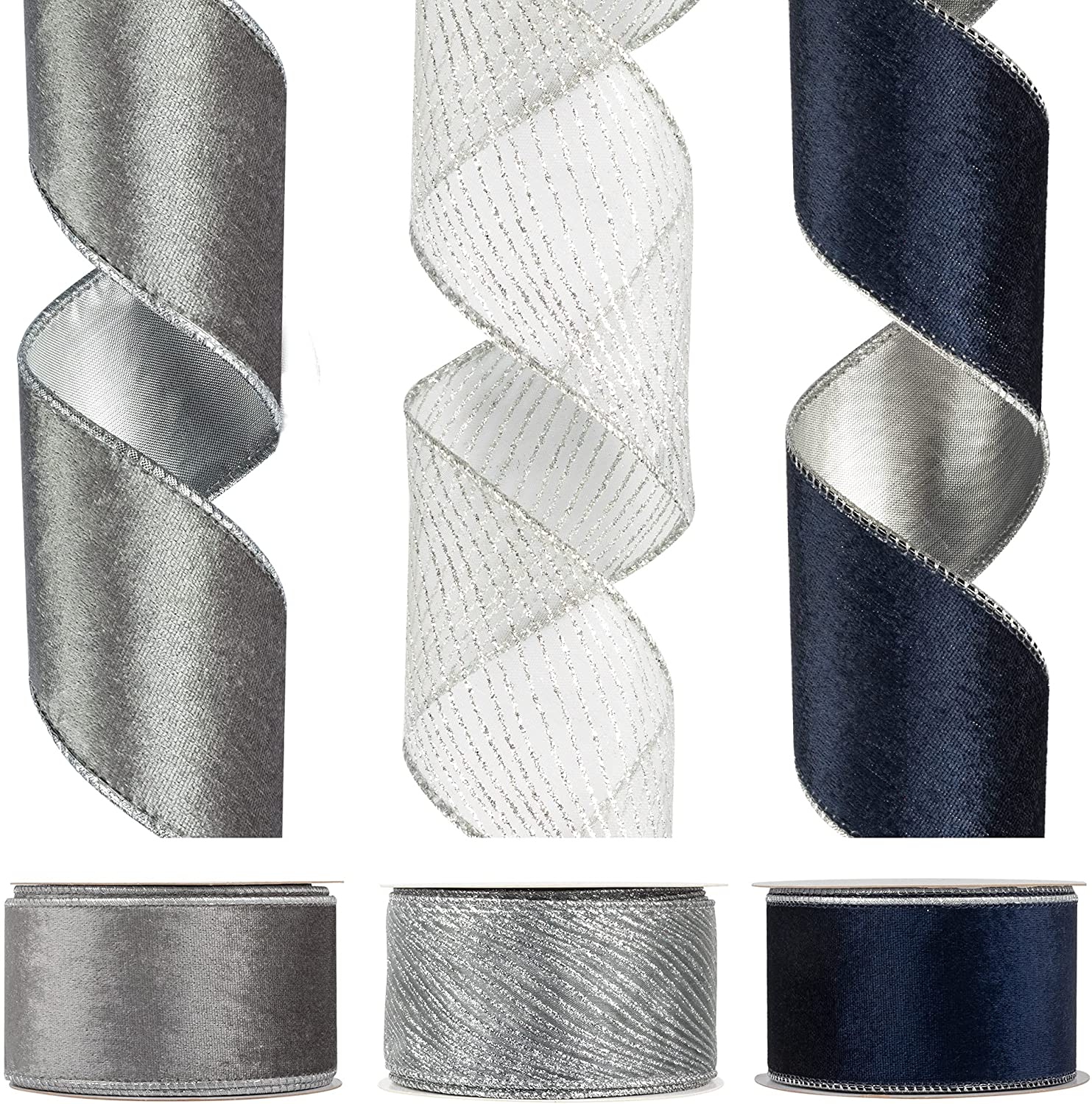 Wired Ribbon Blue Grey Silver Set of 3 Velvet with Silk Backing Double Sided Ribbon Glitter Sheer Ribbon