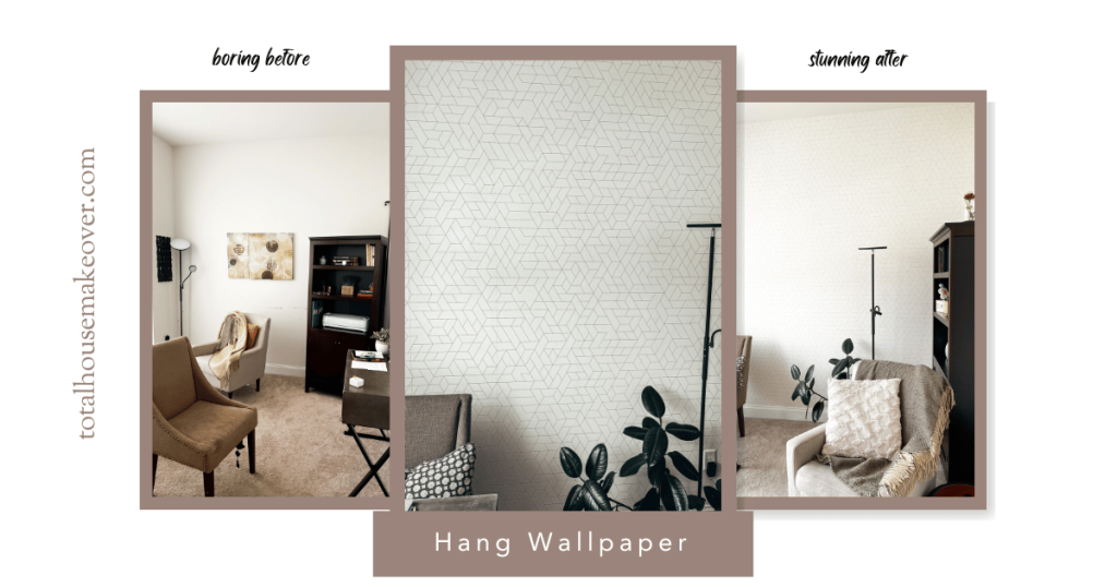 before and after picture of home office with wallpaper accent wall